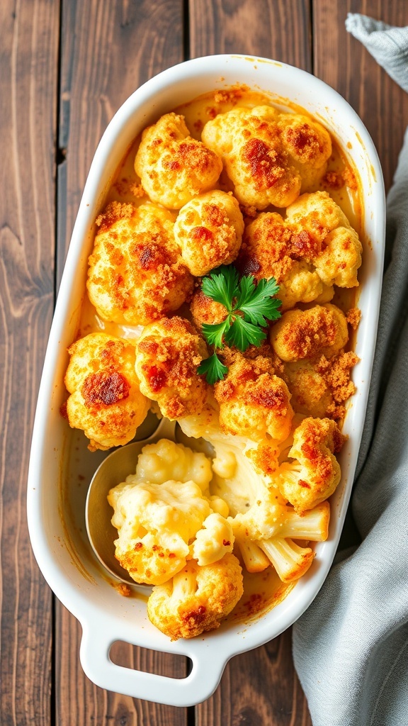 Cheesy cauliflower bake with golden crust and parsley garnish in a ceramic dish.